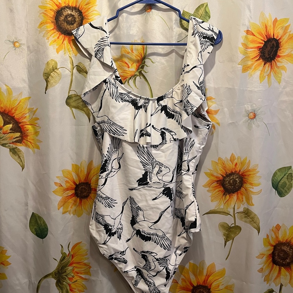 White Swimsuit with Bird Print